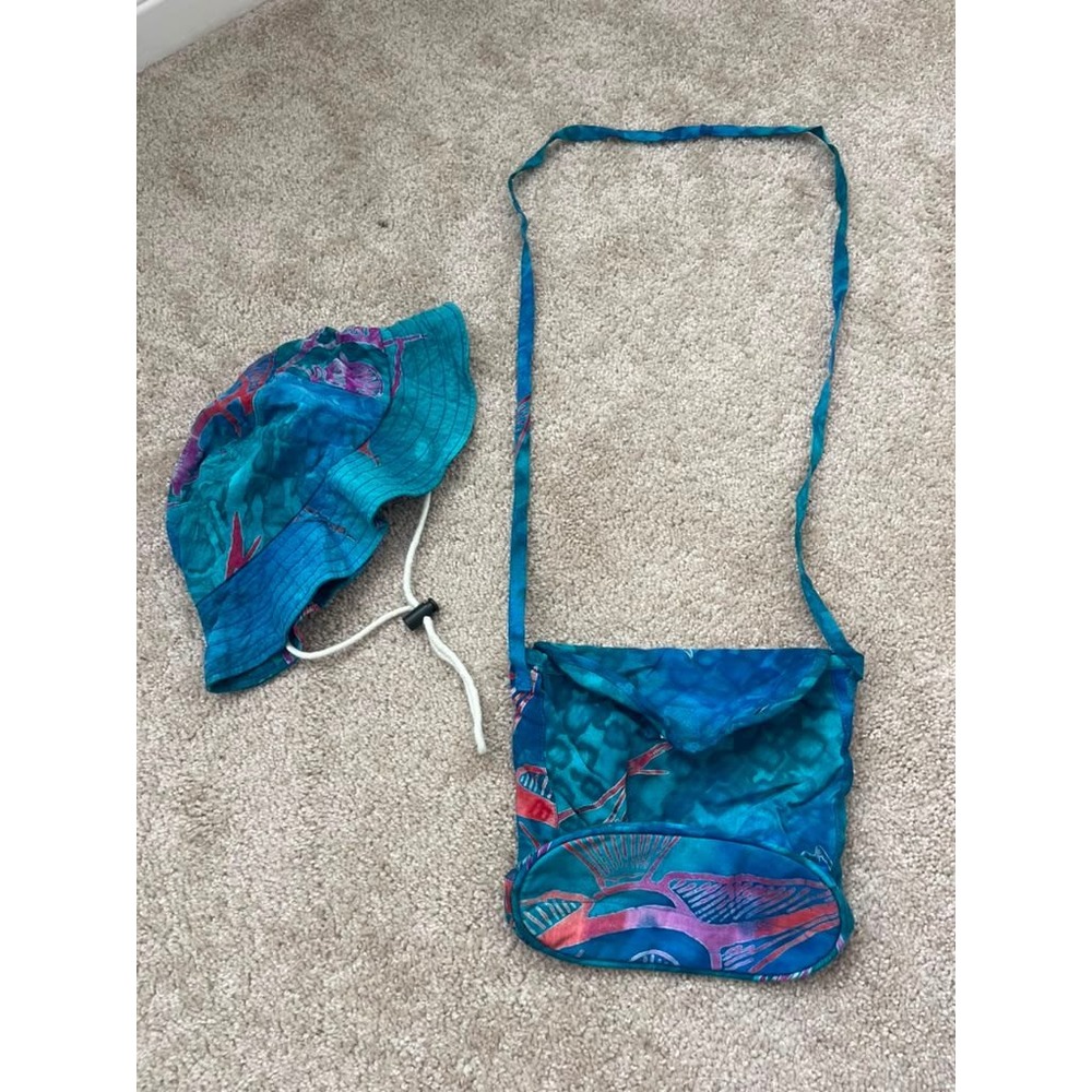 Go Fish Kids Batik Bucket Hat and Crossbody Bag Set Blue Pink Rayon Handmade